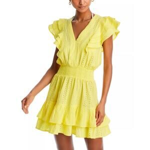 Poupette St. Barth Wome Yellow Eyelet Cotton Camila Cover Up Mini Dress Size L